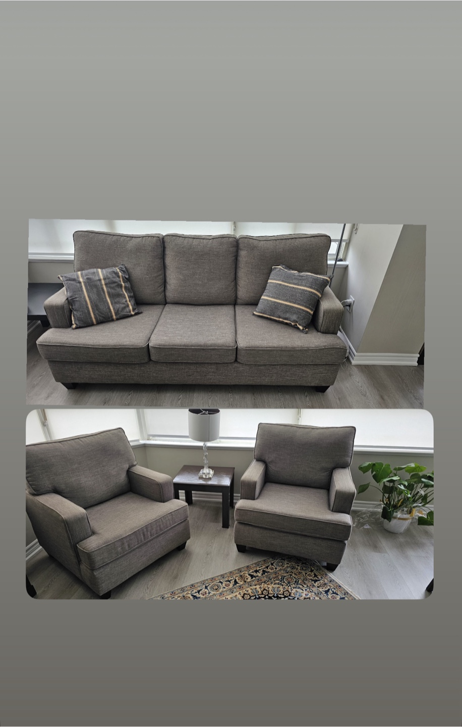 Grey Fabric Sofa and Two Armchairs