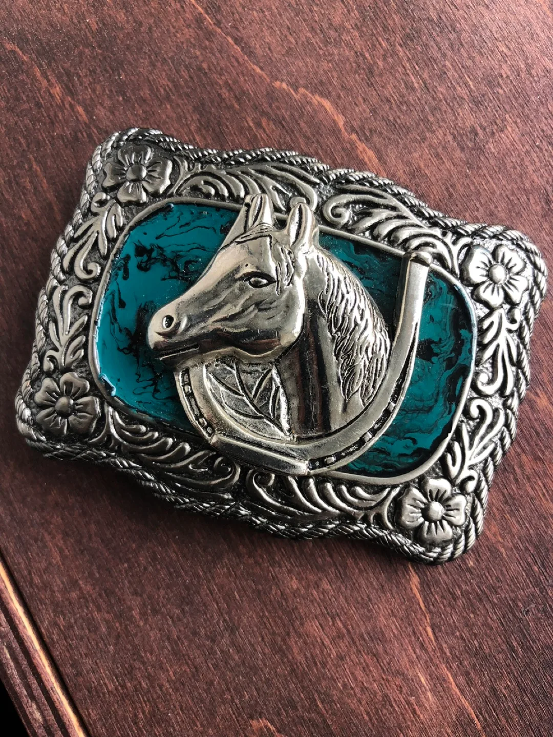Vintage Silver Tone Horse Head Belt Buckle thumbnail