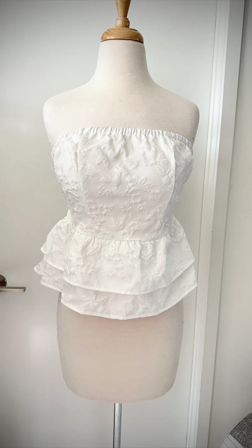 White Floral texture Tube Top with Ruffle Detail thumbnail