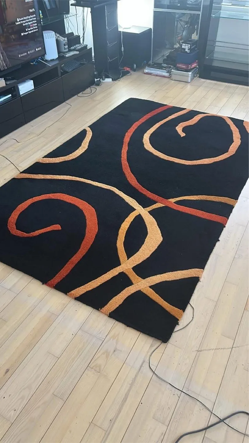 Abstract Area Rug, Black, Orange, and Gold thumbnail