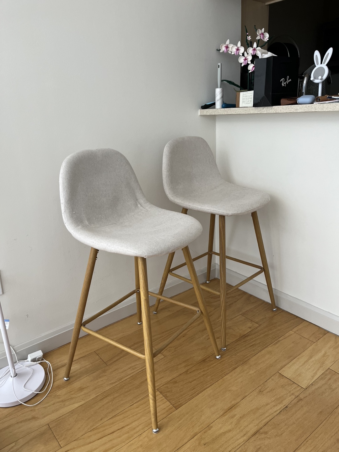 Set of Two Beige Upholstered Bar Stools