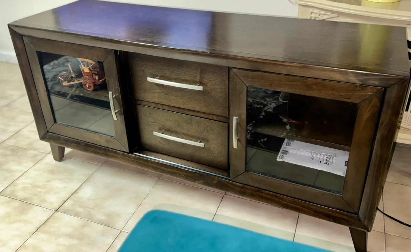 Dark Wood Media Console with Glass Doors and Drawers thumbnail