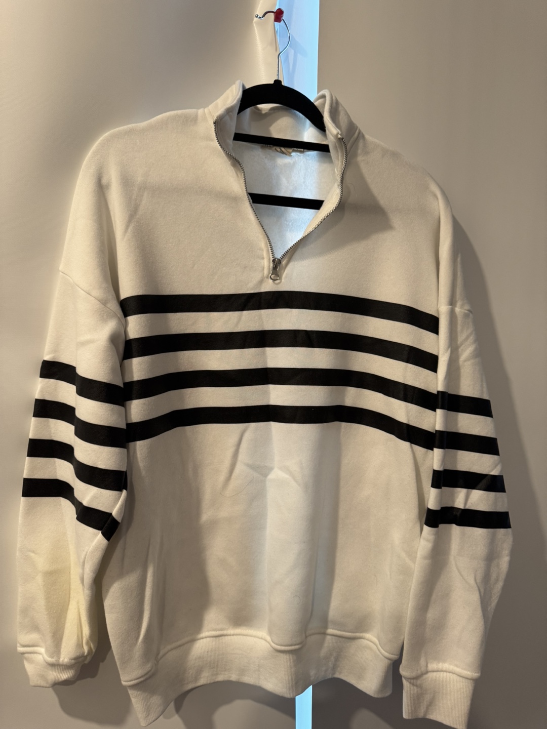 White and Black Striped Half-Zip Sweatshirt