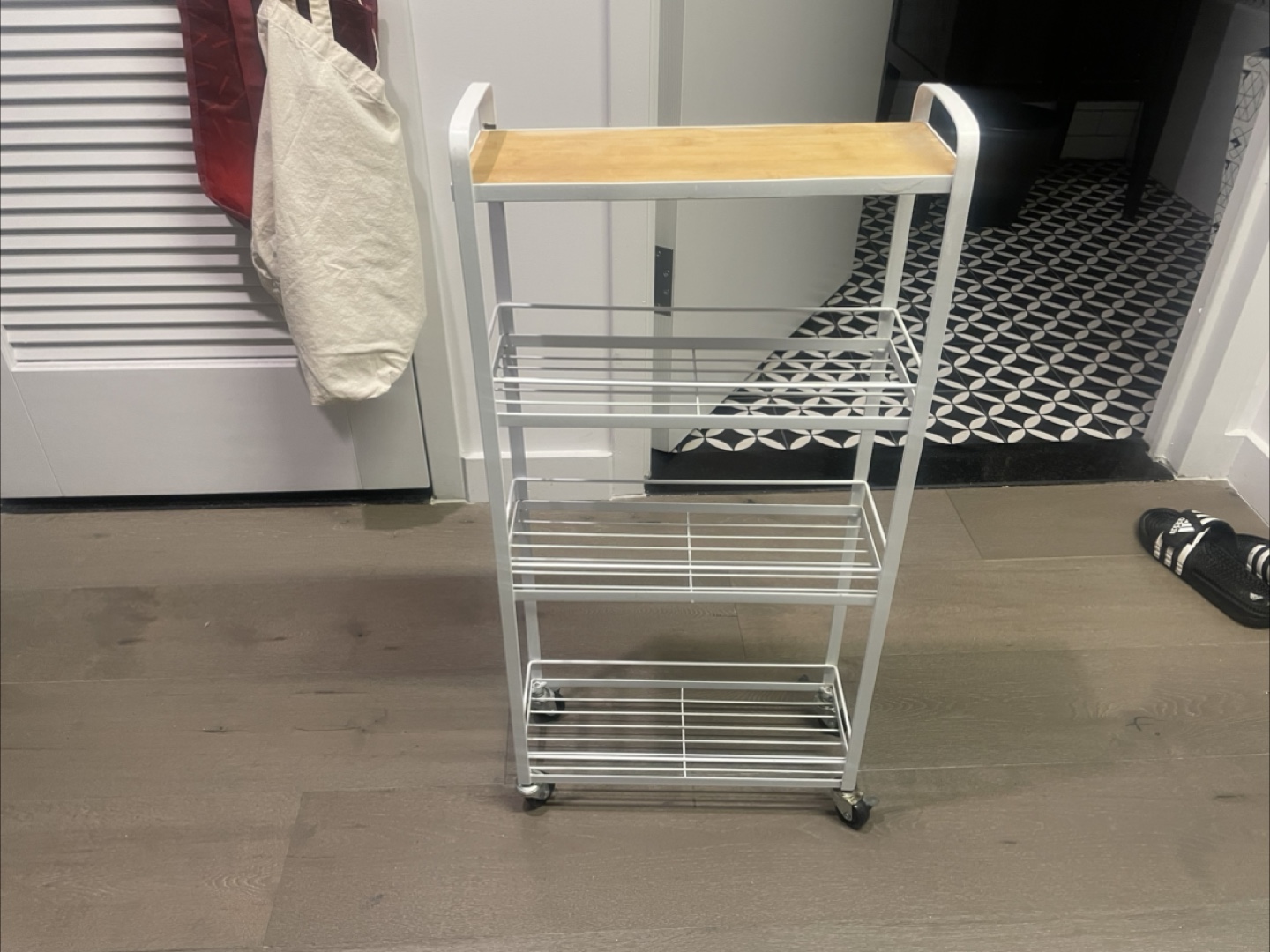 White Metal Rolling Cart with Bamboo Top