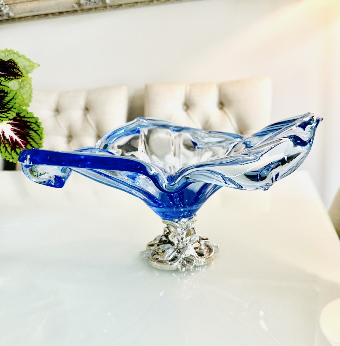 Murano Glass Bowl, Blue and Clear, Signed