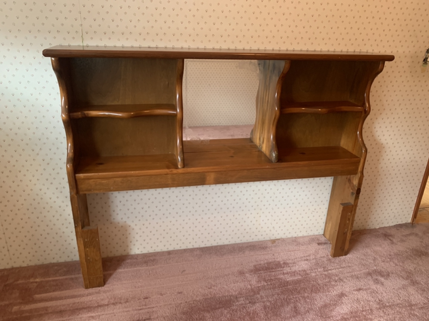 Wooden Headboard with Shelves and Mirror
