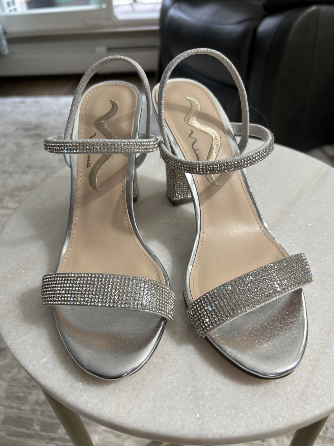 Nina Silver Rhinestone Block Heel Sandals - Size 7.5M