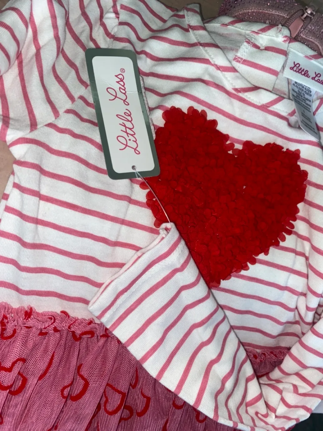 Little Lass Girls' Pink and White Striped Dress with Heart thumbnail