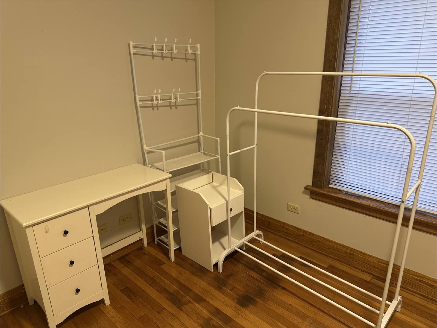 White Desk, Coat Rack, and Clothing Rack Set, night stand