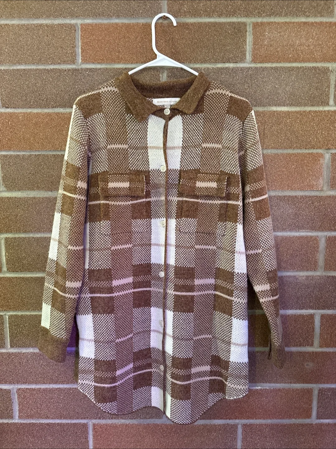 Monteau Los Angeles Brown and Cream Plaid Knit Cardigan Sweater thumbnail