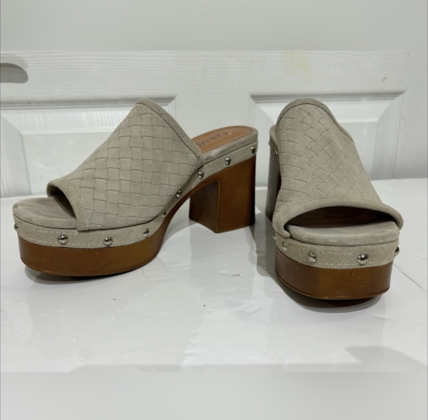 Carmela Beige Woven Suede Platform Clogs