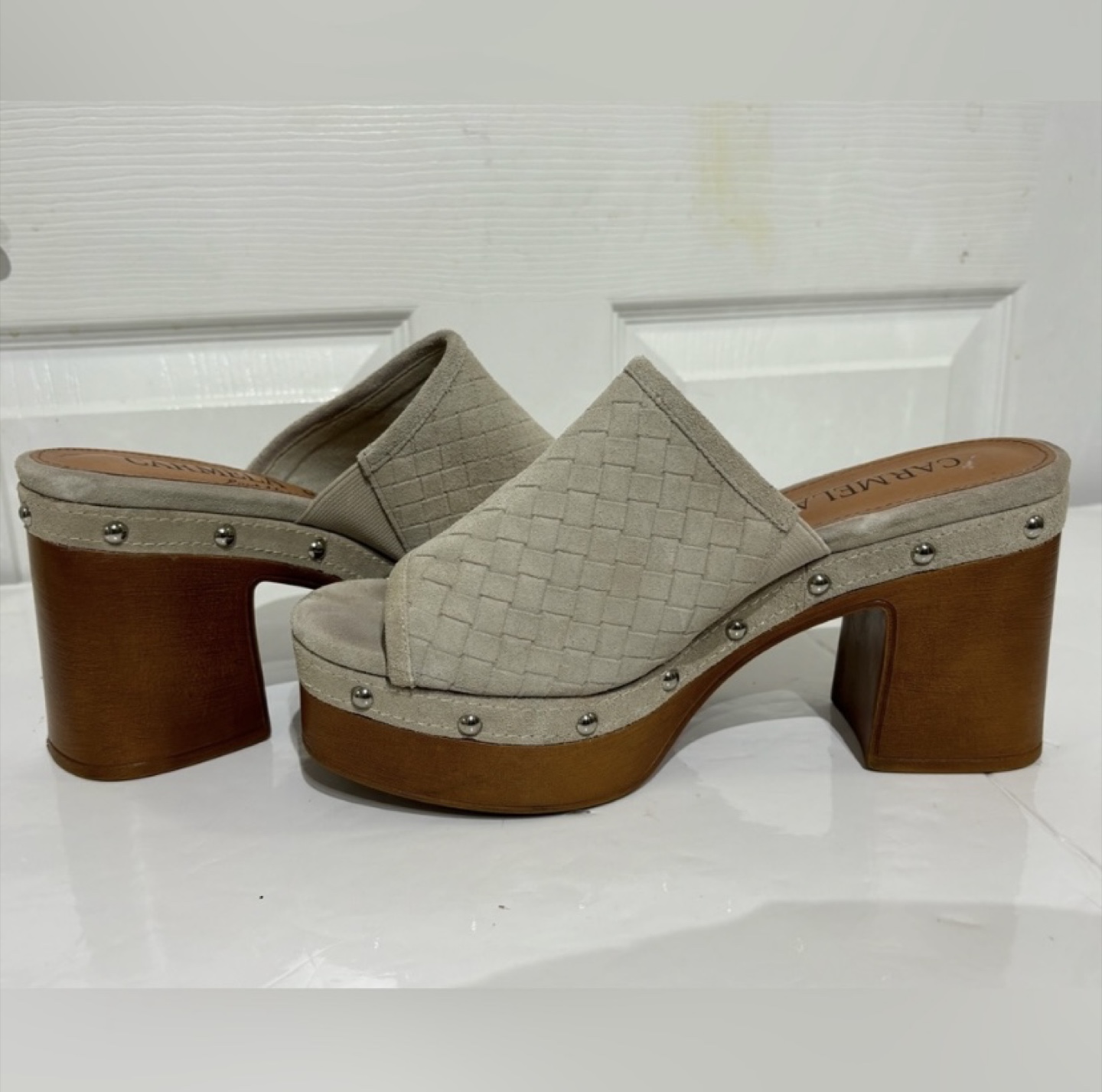 Carmela Beige Woven Suede Platform Clogs - photo 2