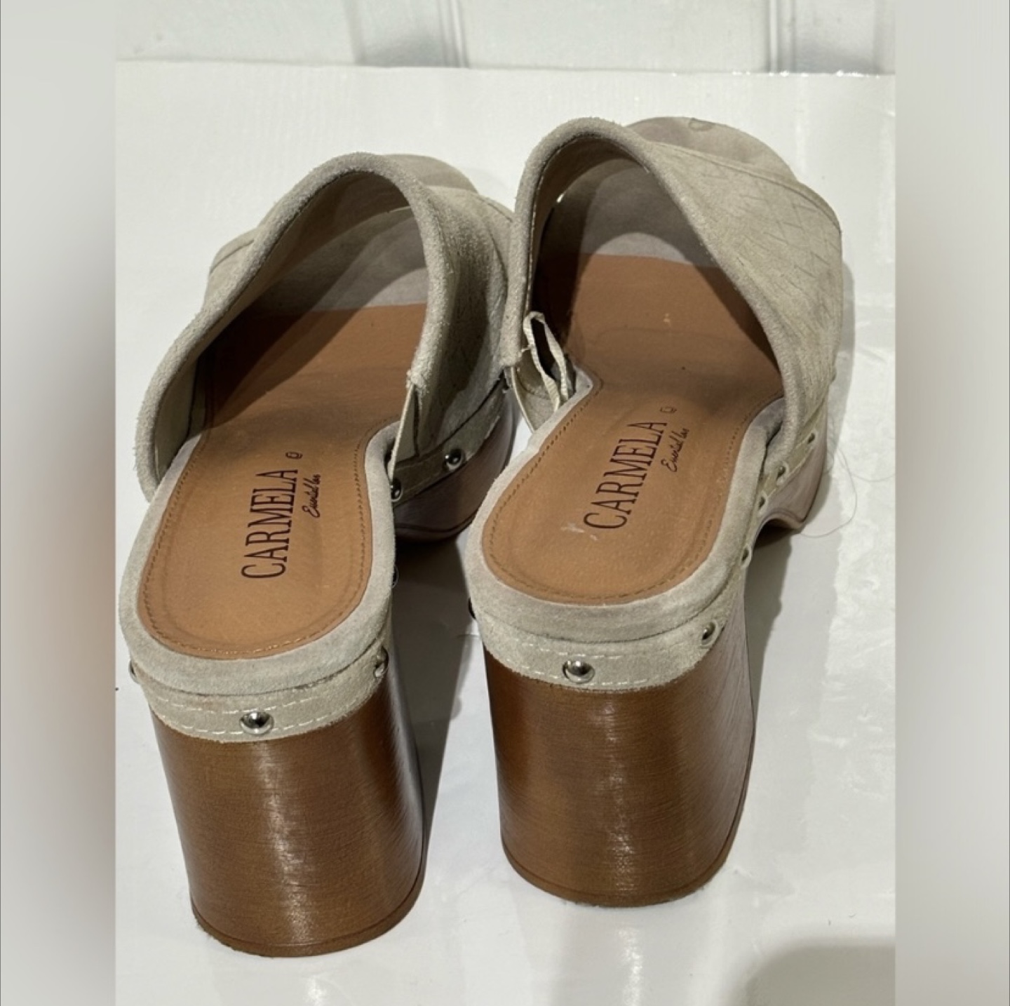 Carmela Beige Woven Suede Platform Clogs - photo 4