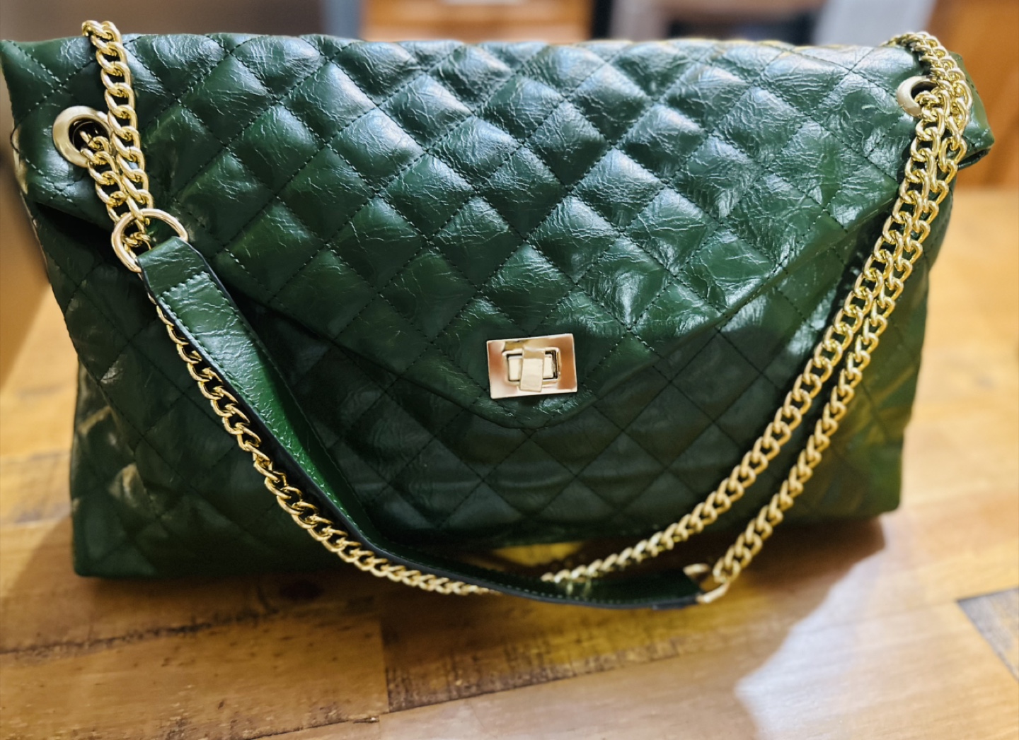 Dark Green Quilted Shoulder Bag with Gold Chain Strap