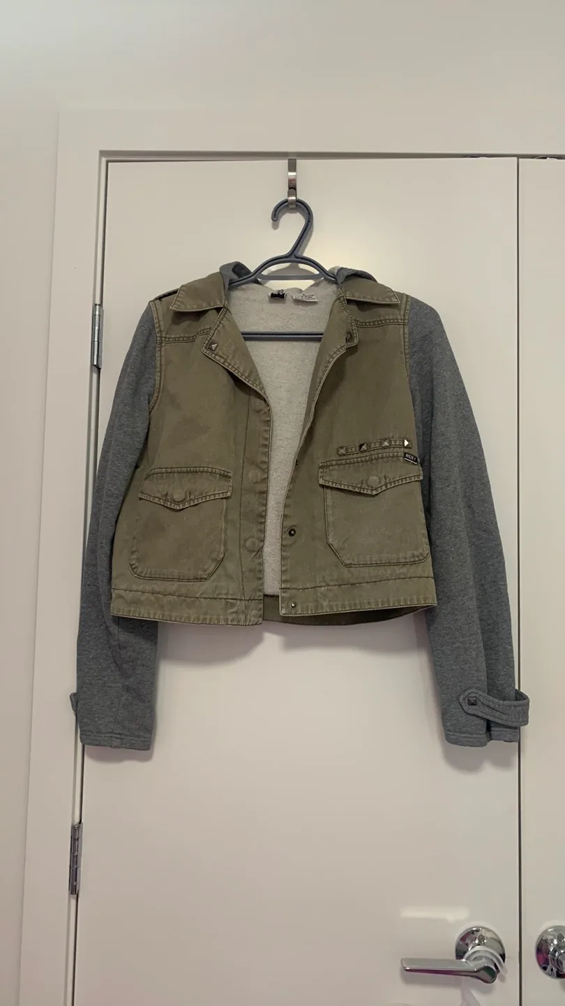 Roxy Women's Size Small Olive Green Denim Jacket Hoodie thumbnail