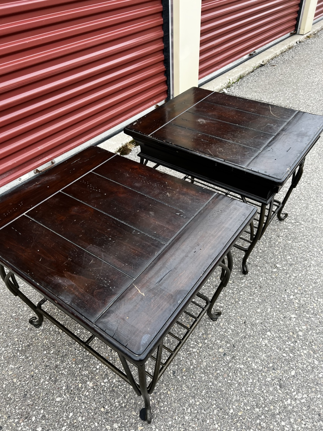Pair of Dark Brown Wooden End Tables with Metal Legs