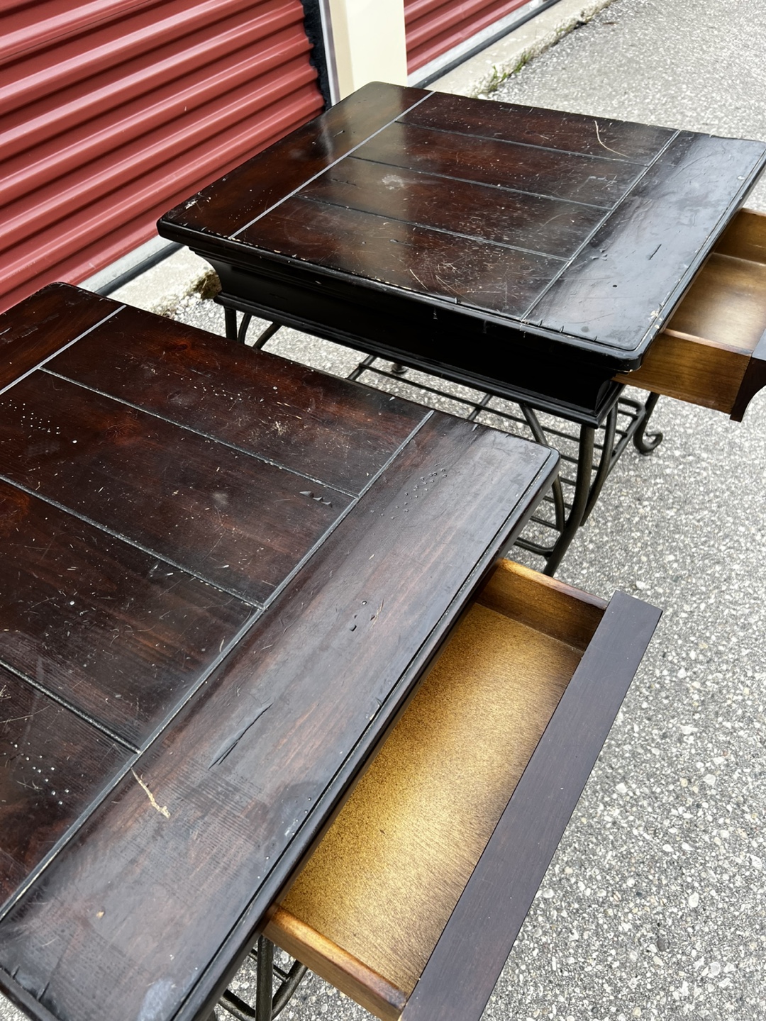 Pair of Dark Brown Wooden End Tables with Metal Legs - photo 4