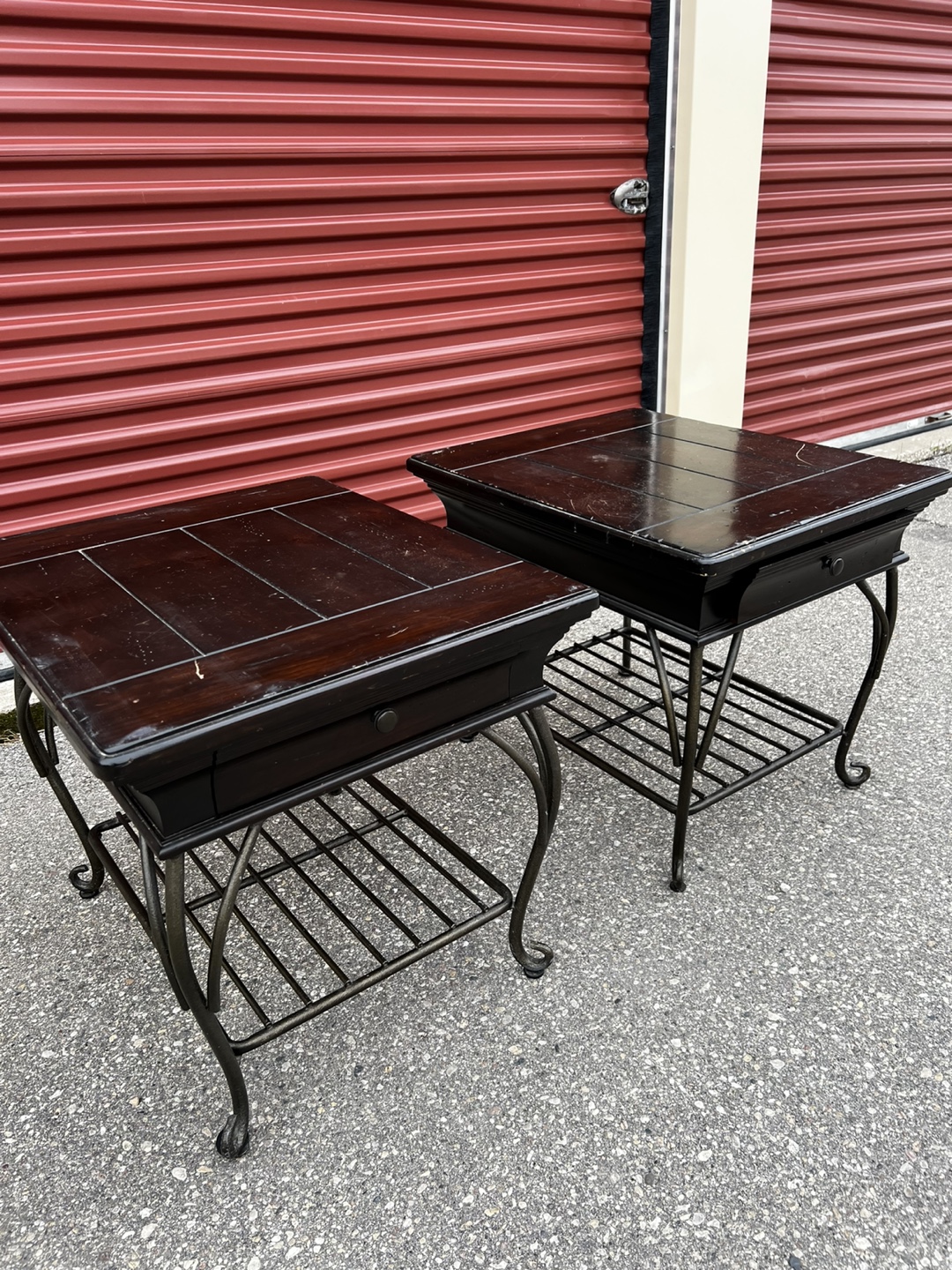 Pair of Dark Brown Wooden End Tables with Metal Legs - photo 2