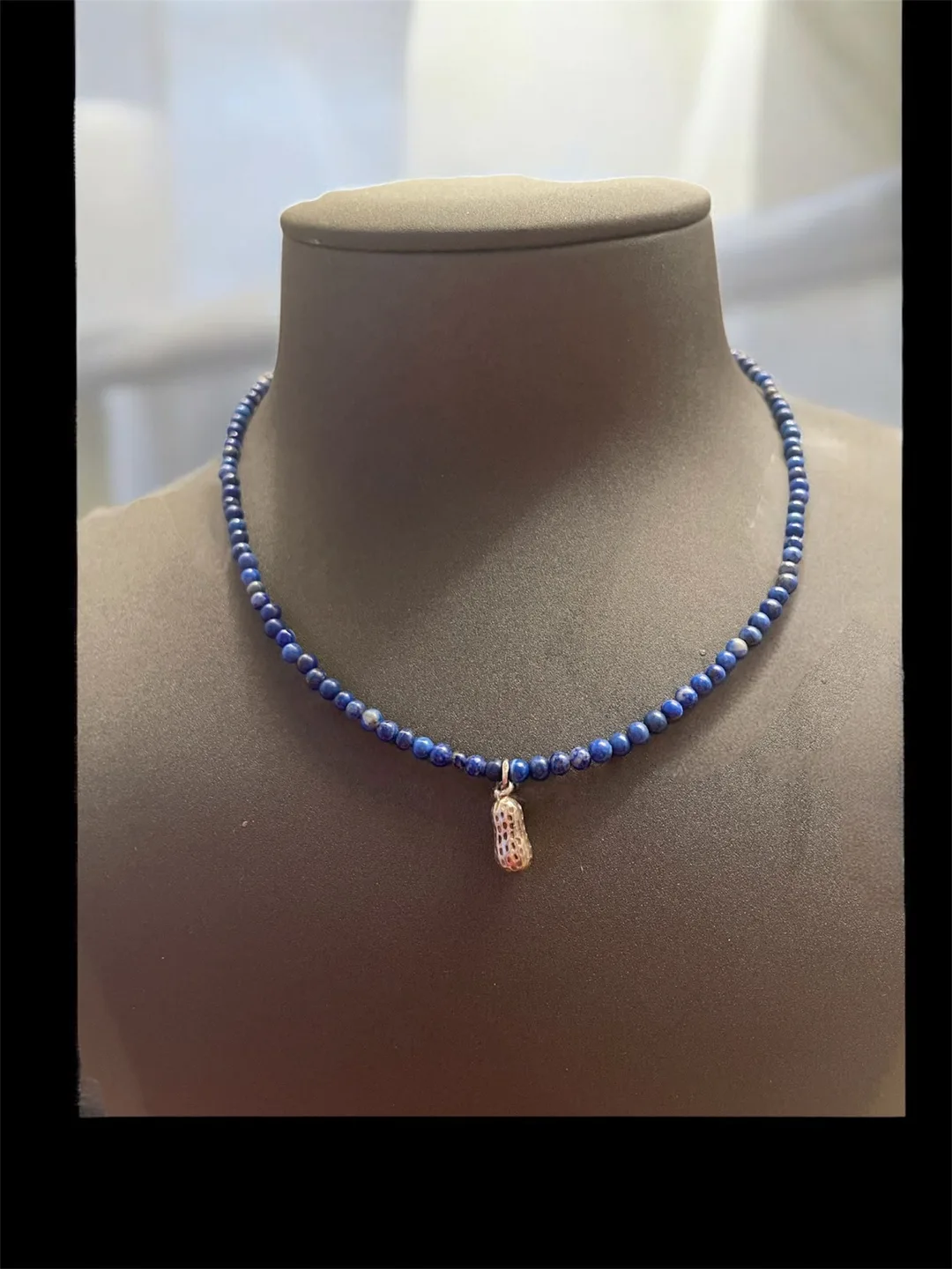 Lapis Lazuli Beaded Necklace with 925 silver Peanut Charm thumbnail