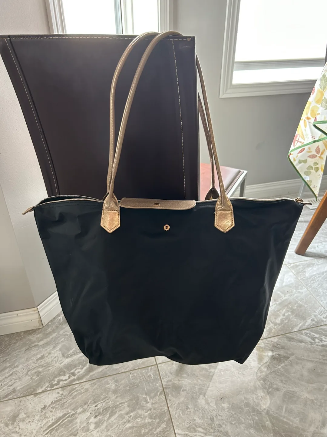 Longchamp Le Pliage Cuir Tote Bag - Black and Gold thumbnail