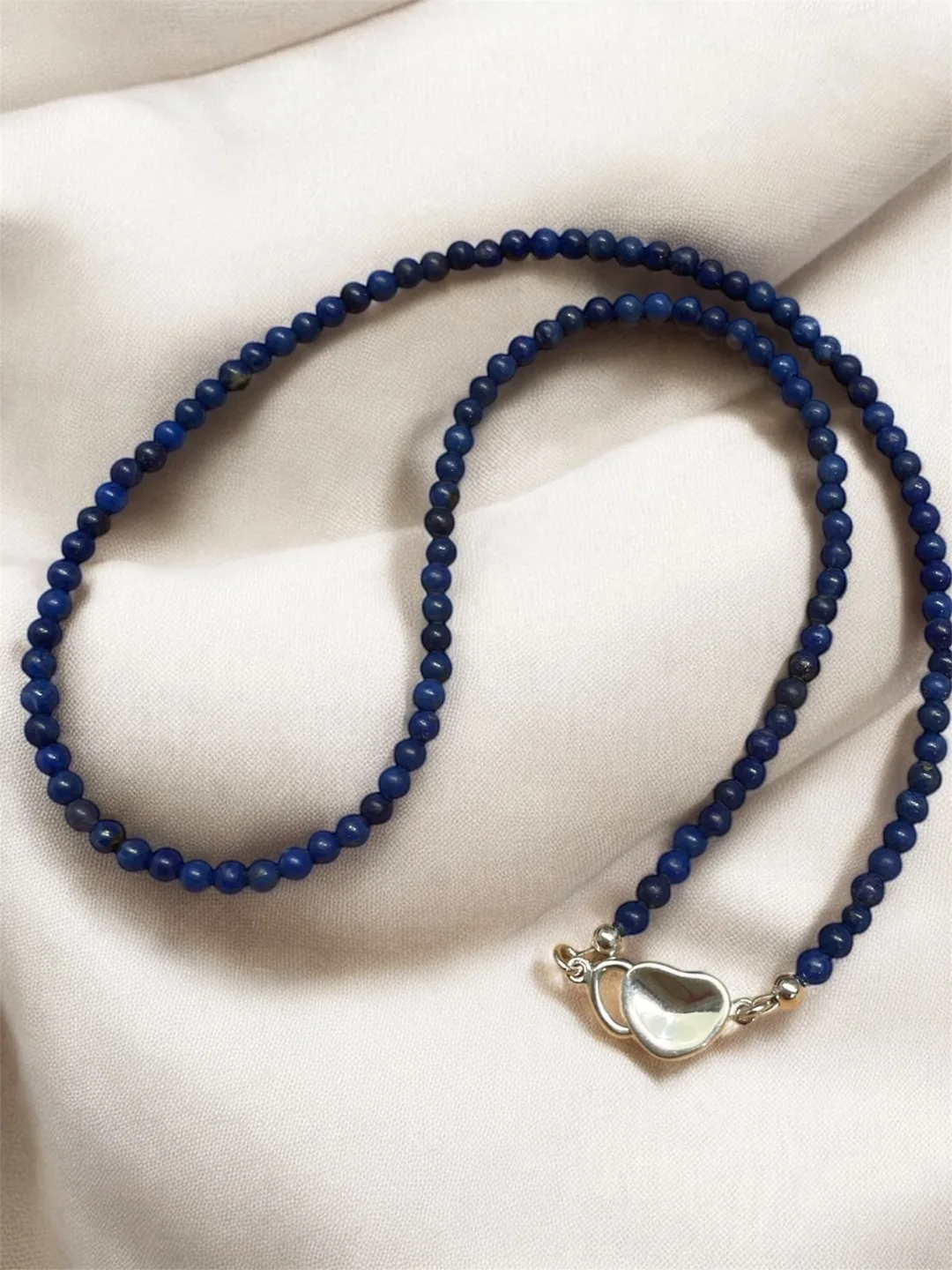 Lapis Lazuli Beaded Necklace with Heart Clasp thumbnail