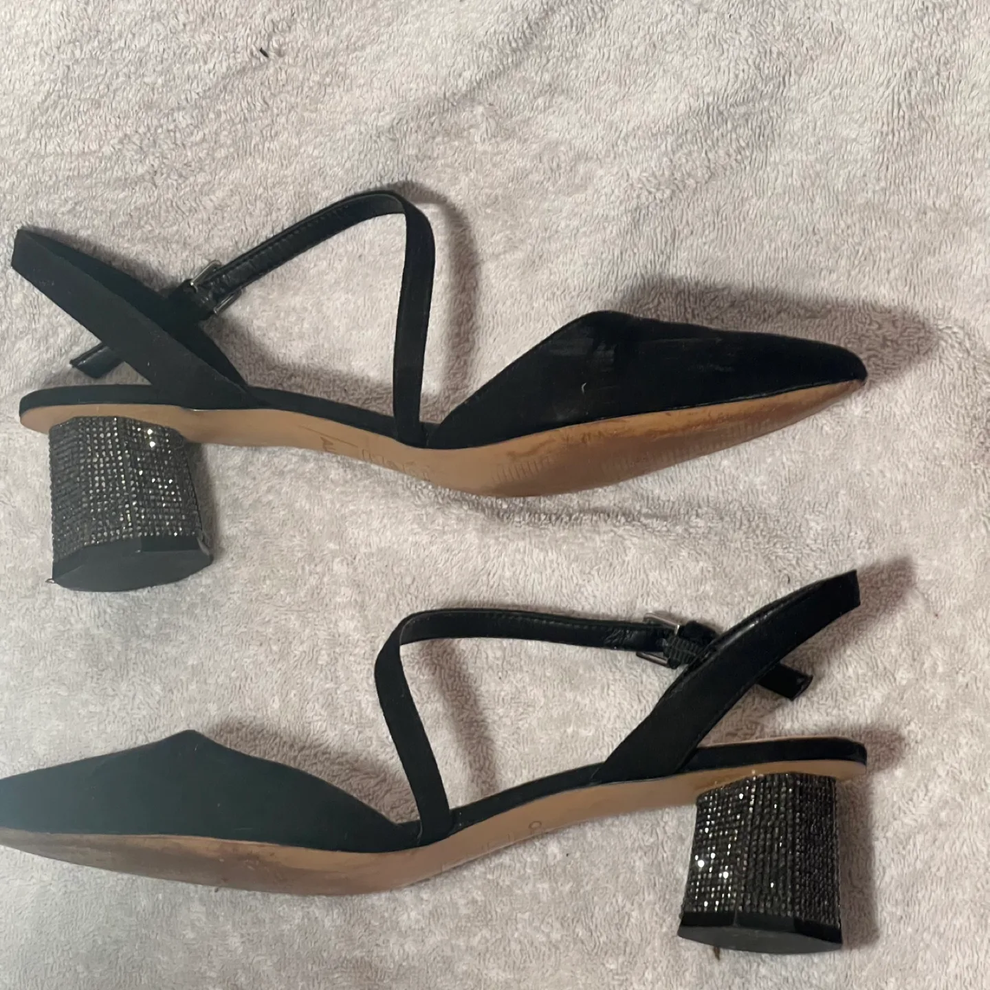 Black Suede Heels with Rhinestone Block Heel image indicator(3)