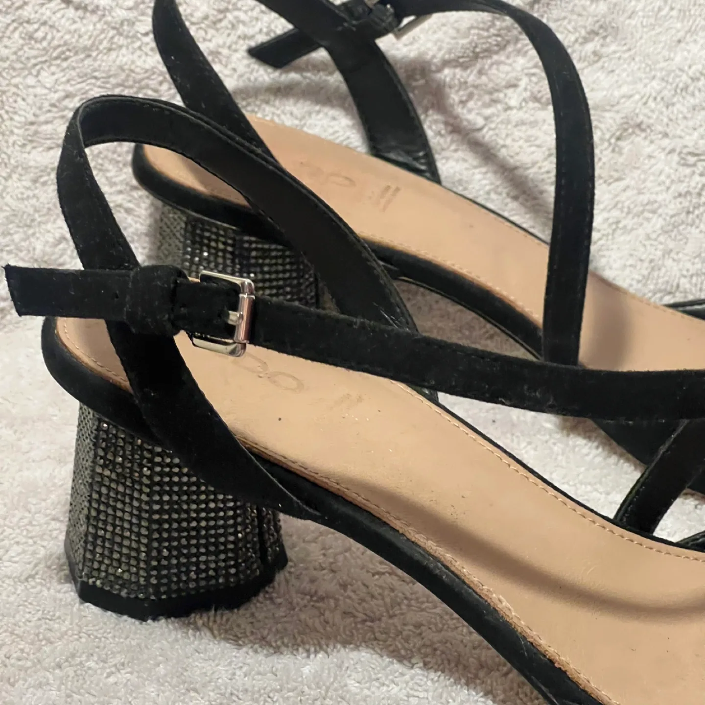 Black Suede Heels with Rhinestone Block Heel image indicator(2)