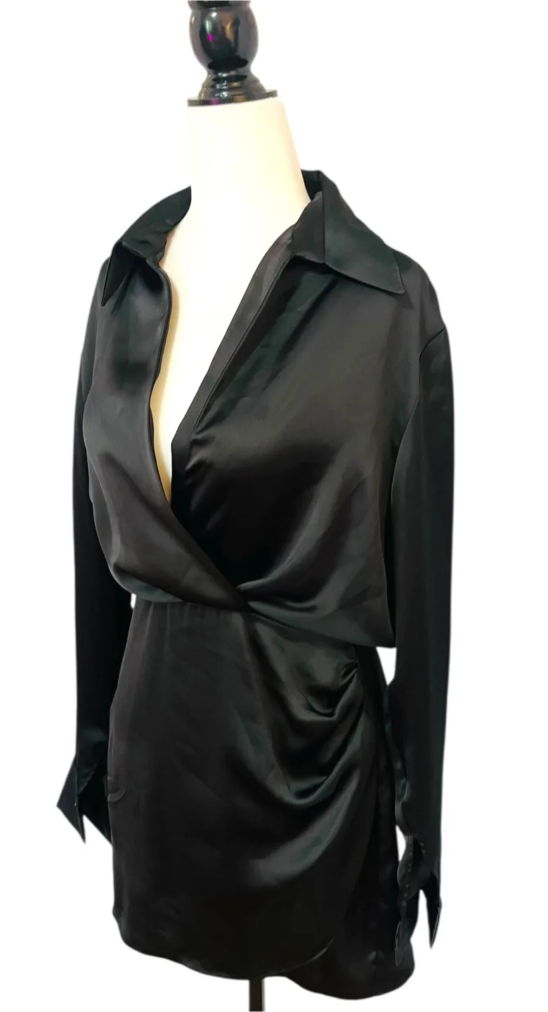 Zara Mini Dress Long Sleeve Faux Wrap Ruched Black Size S thumbnail