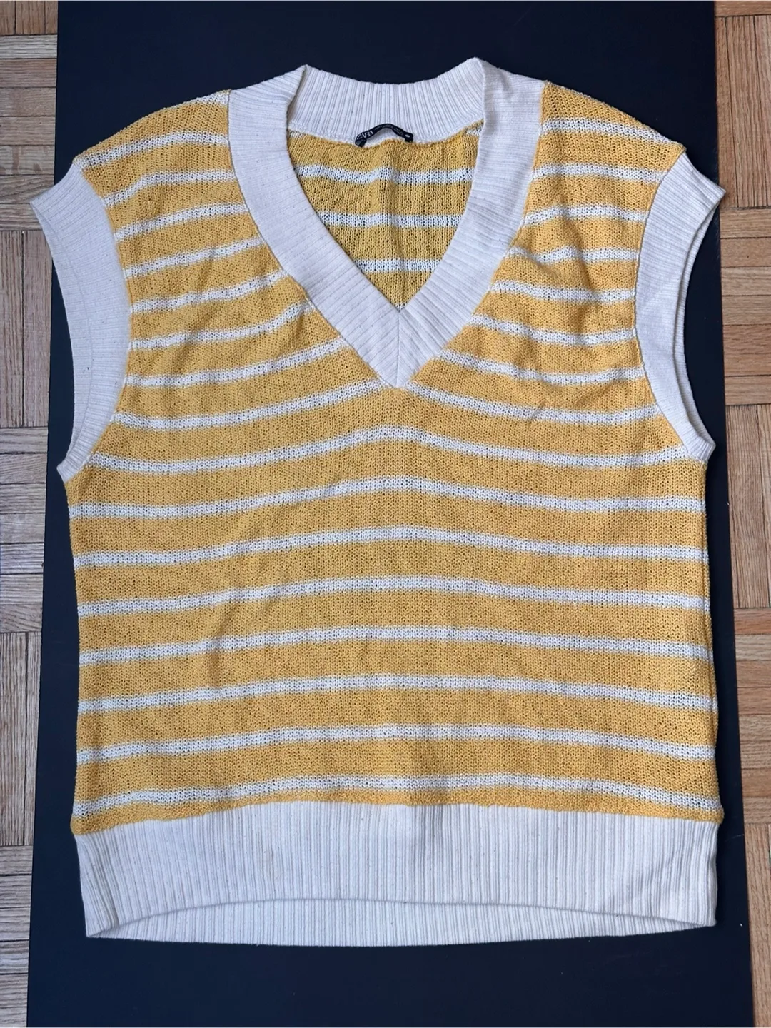 Zara Mustard Yellow and White Striped Knit Vest thumbnail