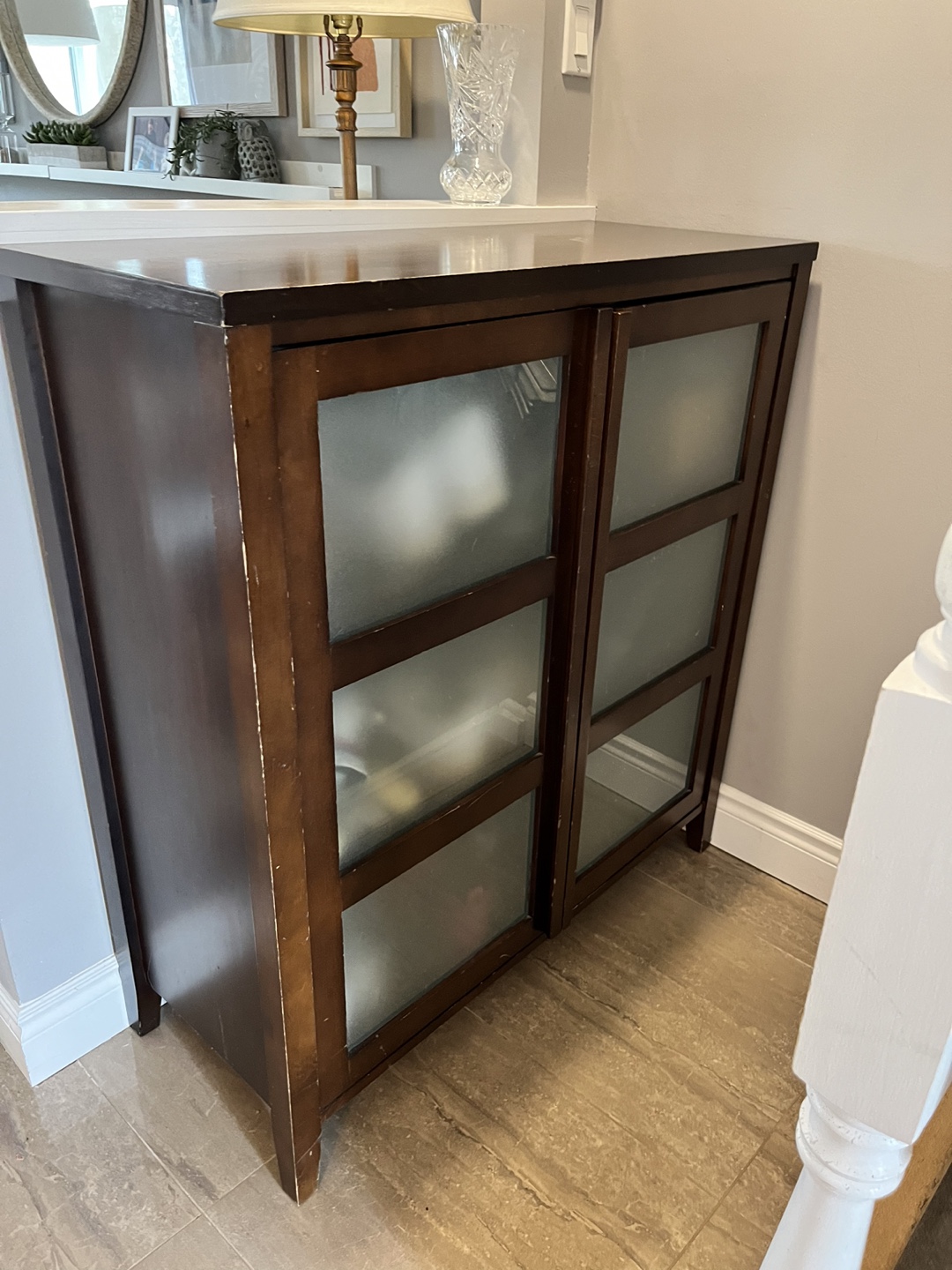 Dark Brown Wooden Cabinet with Frosted Glass Doors