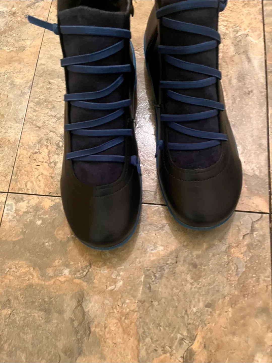 Women's Black Leather Ankle Boots with Blue Accents thumbnail