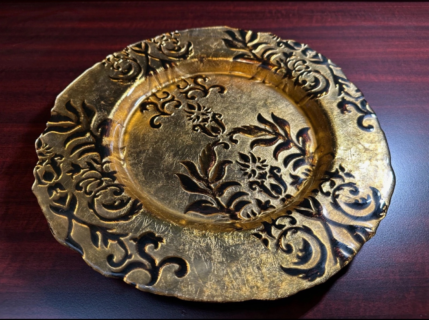 Gold Charger Plate with Black Floral Design