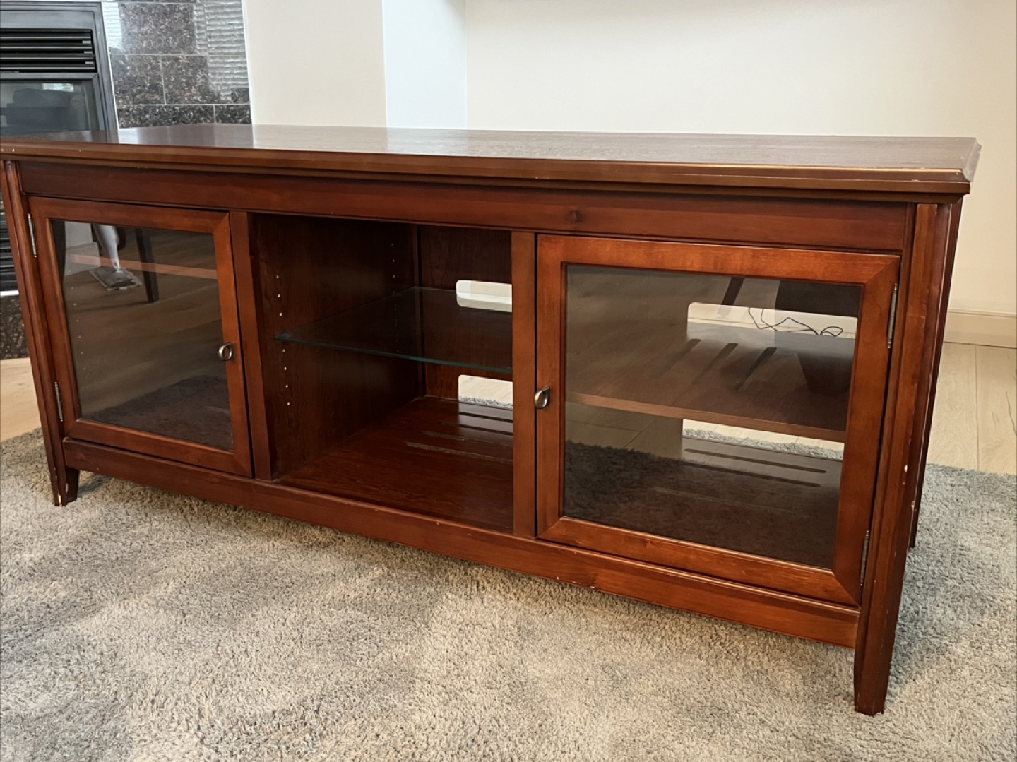 Dark Wood TV Stand with Glass Doors
