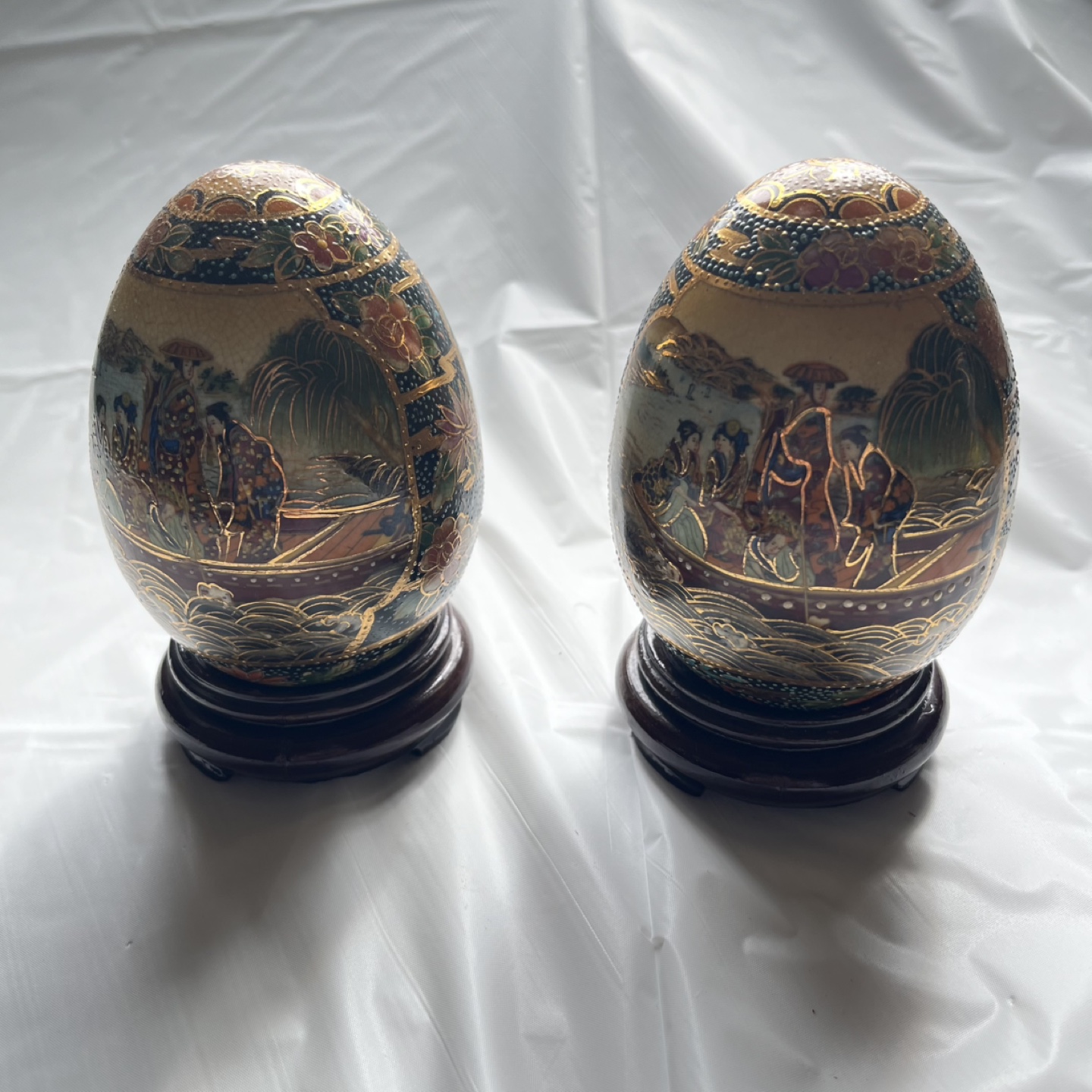 Ceramic Decorative Eggs – Set of 2 with wooden stand.