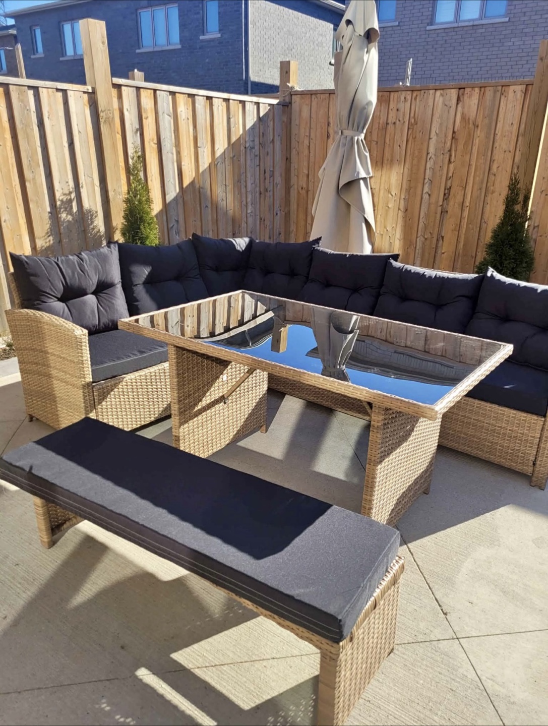 Outdoor Wicker Patio Conversation Set with Table and Bench - photo 2