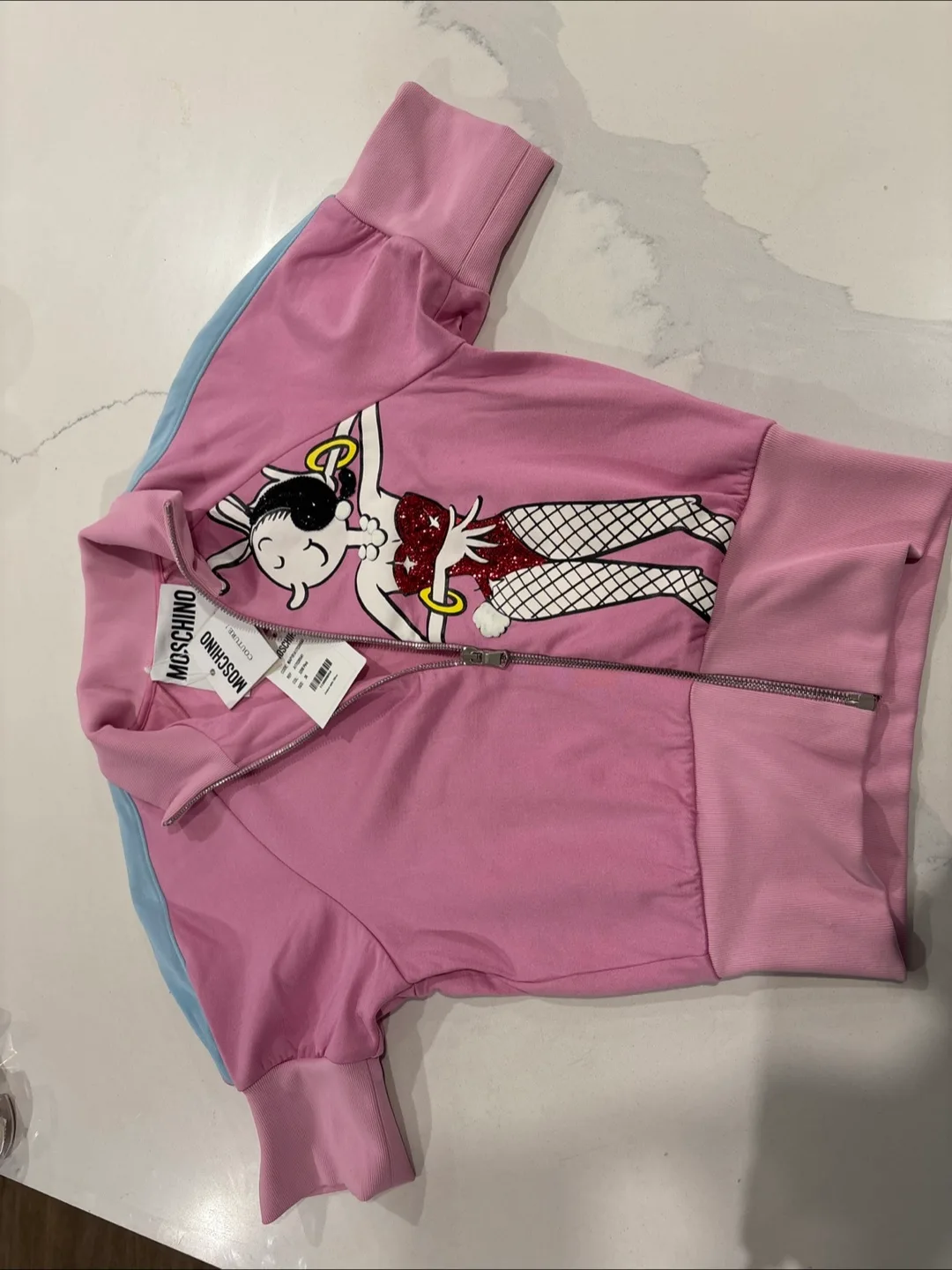 Moschino Pink Bunny Zip-Up Short Sleeve Top thumbnail