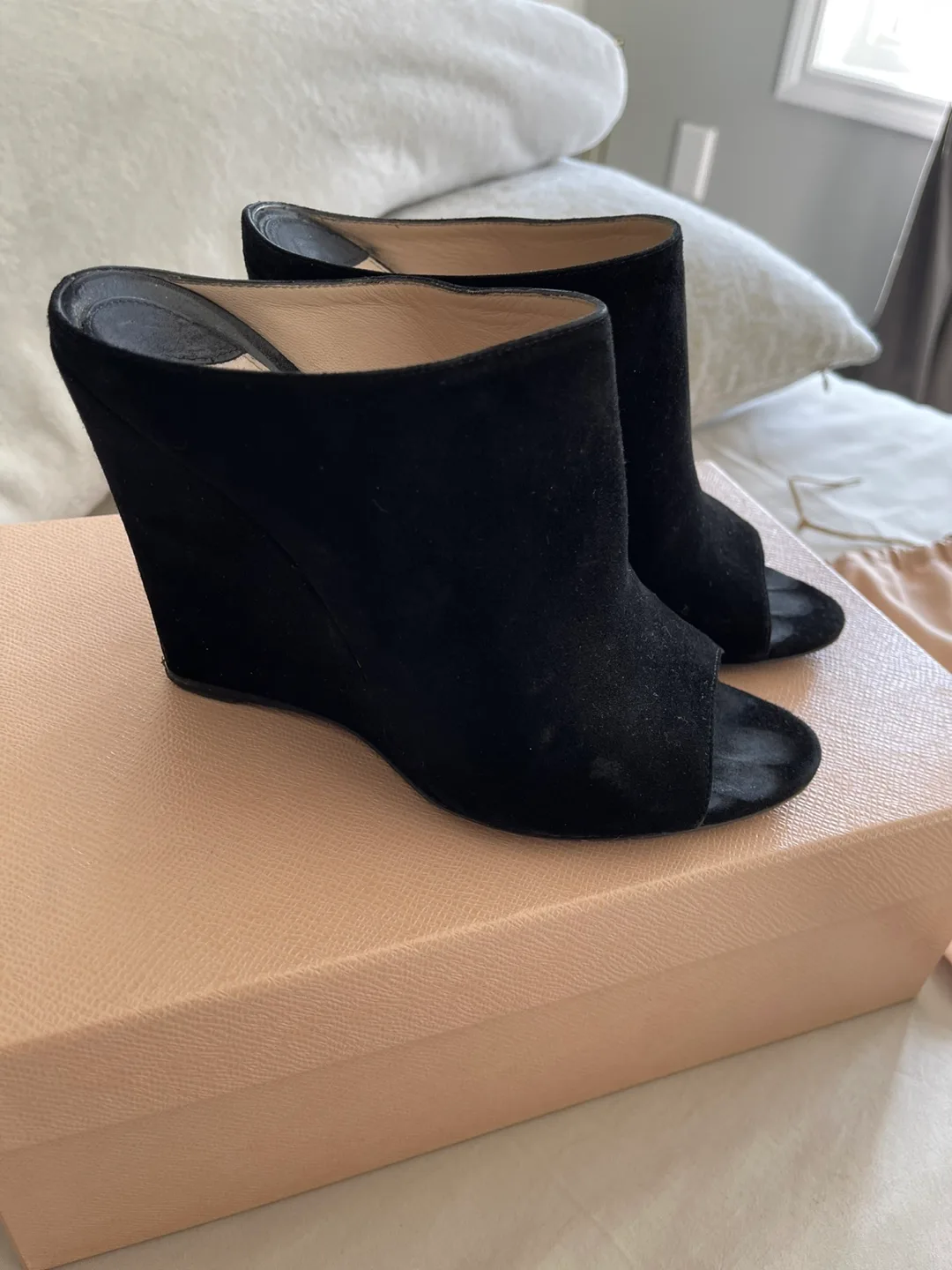 Prada Black Suede Wedge Mules (size 7.5) image indicator(2)