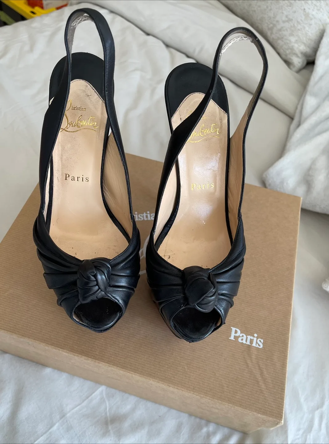 Christian Louboutin Black Leather Slingback Platform Heels image indicator(2)