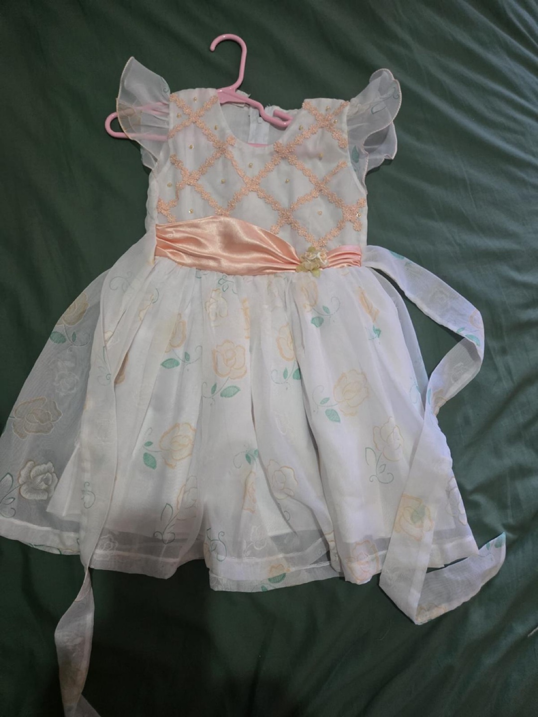 Adorable Girls' White Floral Dress with Peach Accents