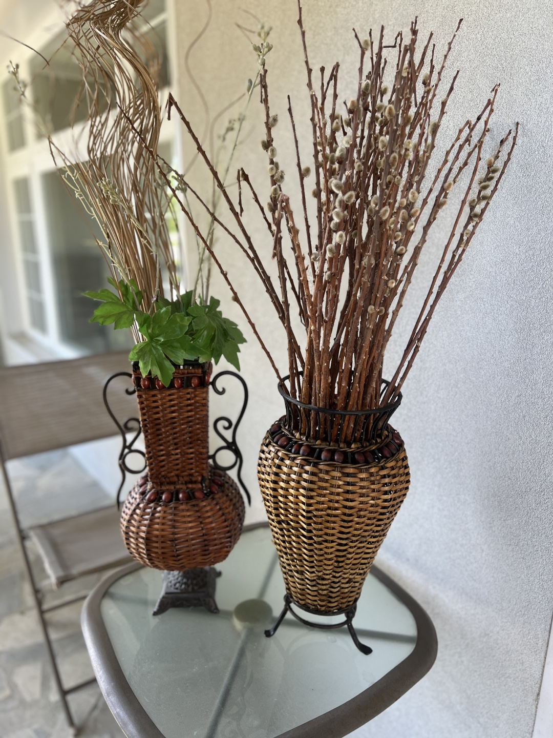 Set of 2 Wicker Vases with Metal Accents