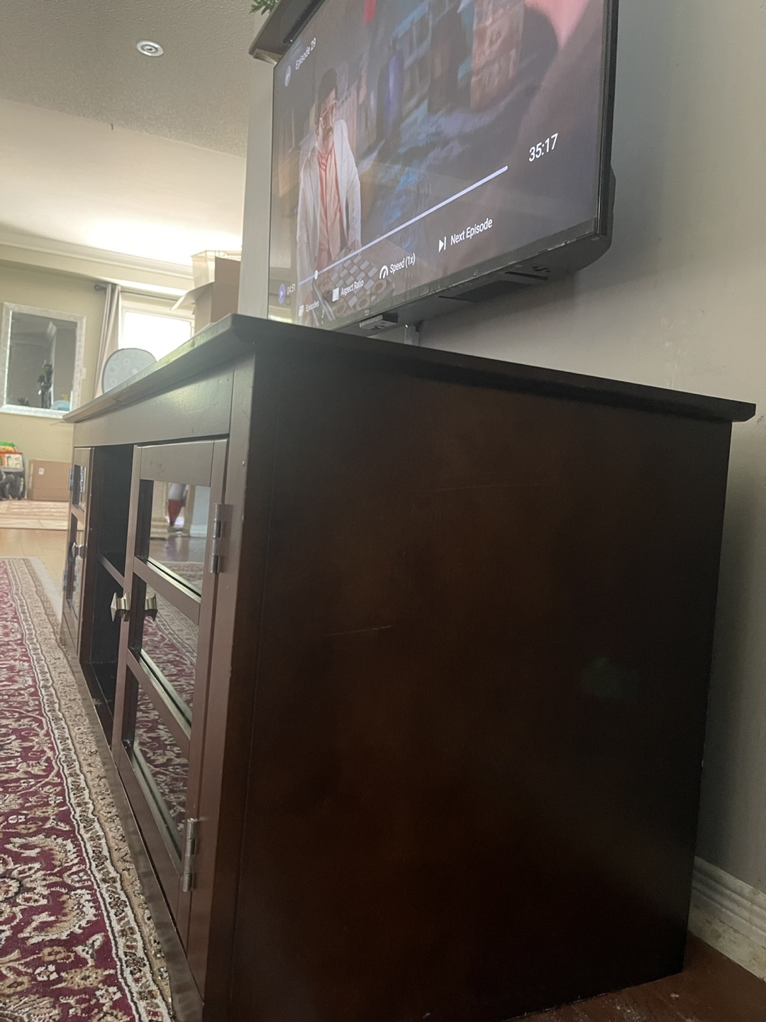 Dark Brown Wooden TV Stand with Glass Doors - photo 2