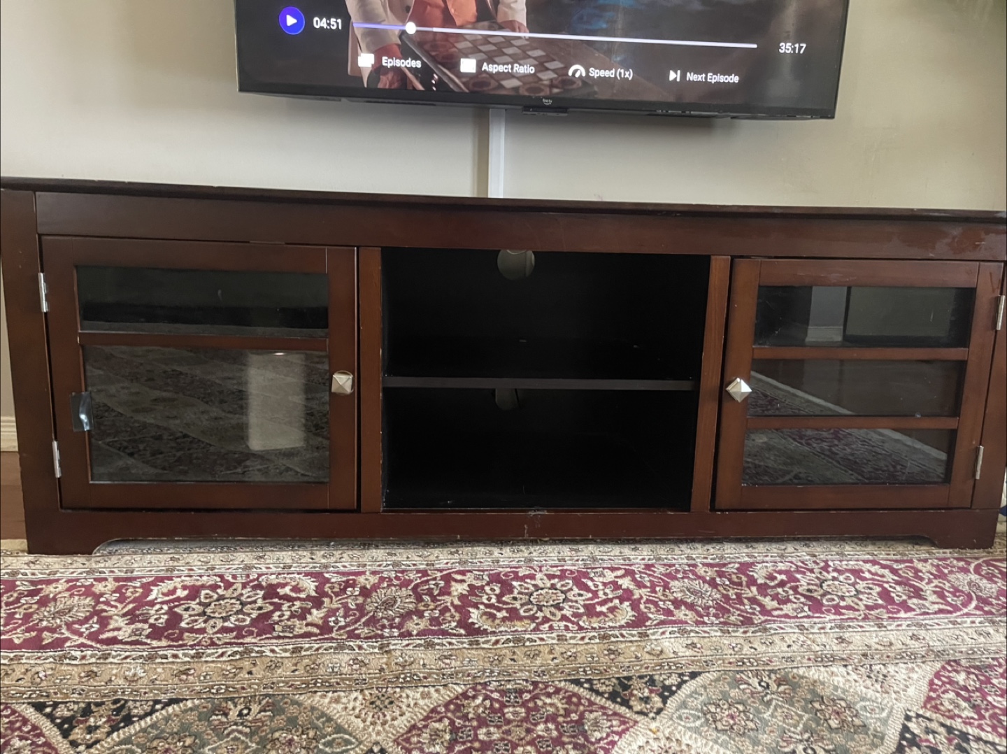 Dark Brown Wooden TV Stand with Glass Doors