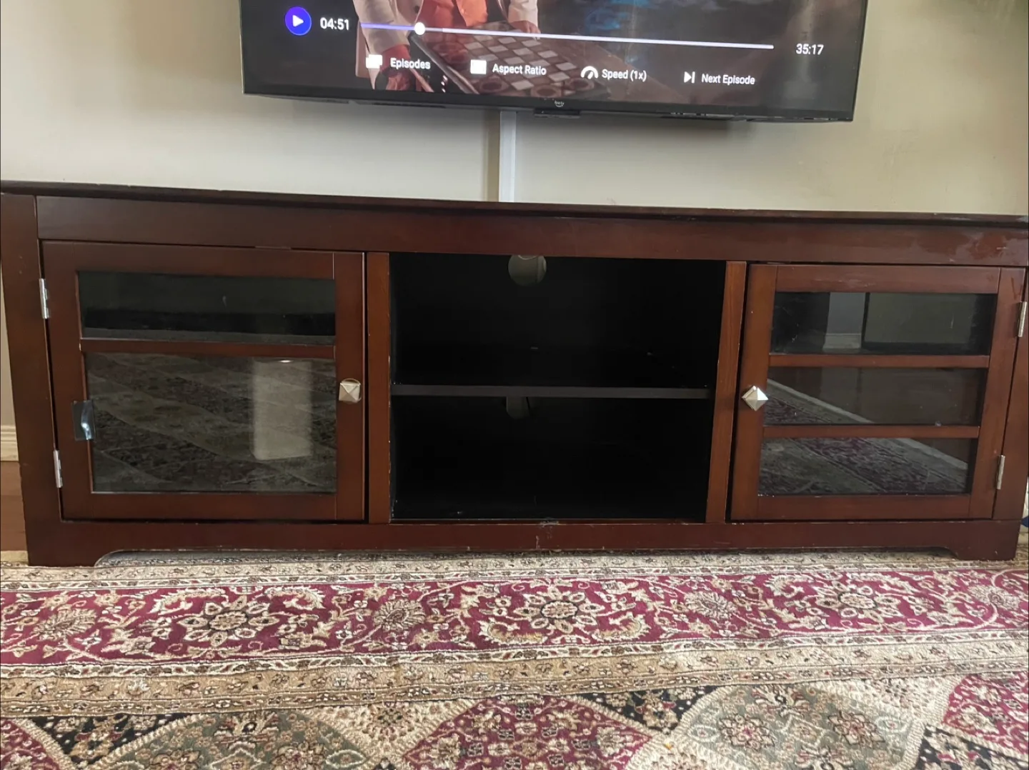 Dark Brown Wooden TV Stand with Glass Doors thumbnail