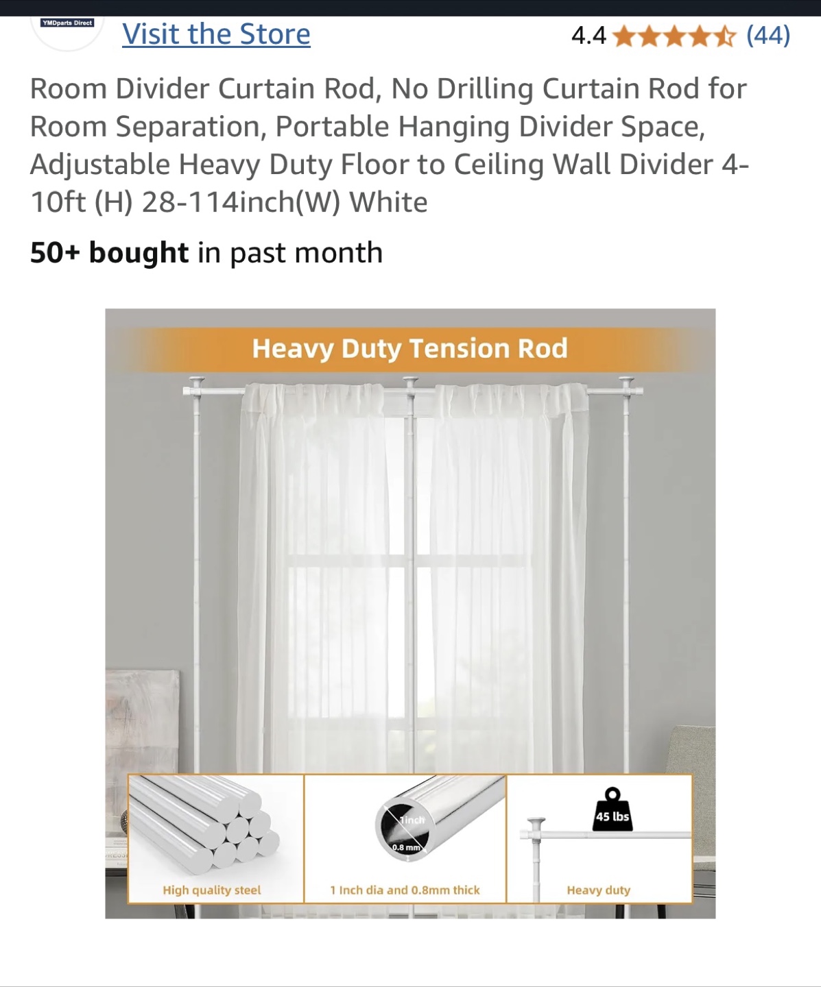 Heavy Duty Adjustable Room Divider Curtain Rod - White - photo 4