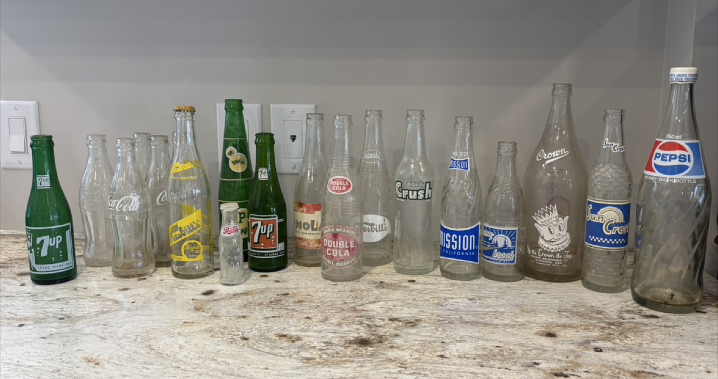 Vintage Soda Bottle Collection - Crown, 7 Up, Sun Crest & More!