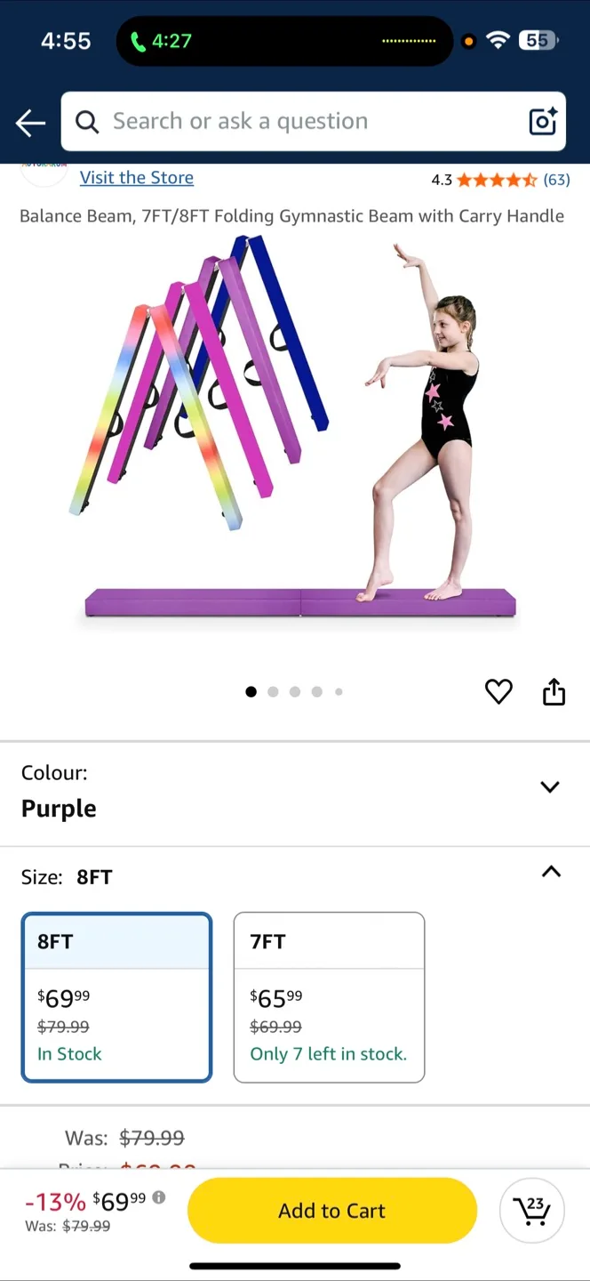 Foldable Gymnastics Beam, 8FT Purple Balance Beam for Kids thumbnail