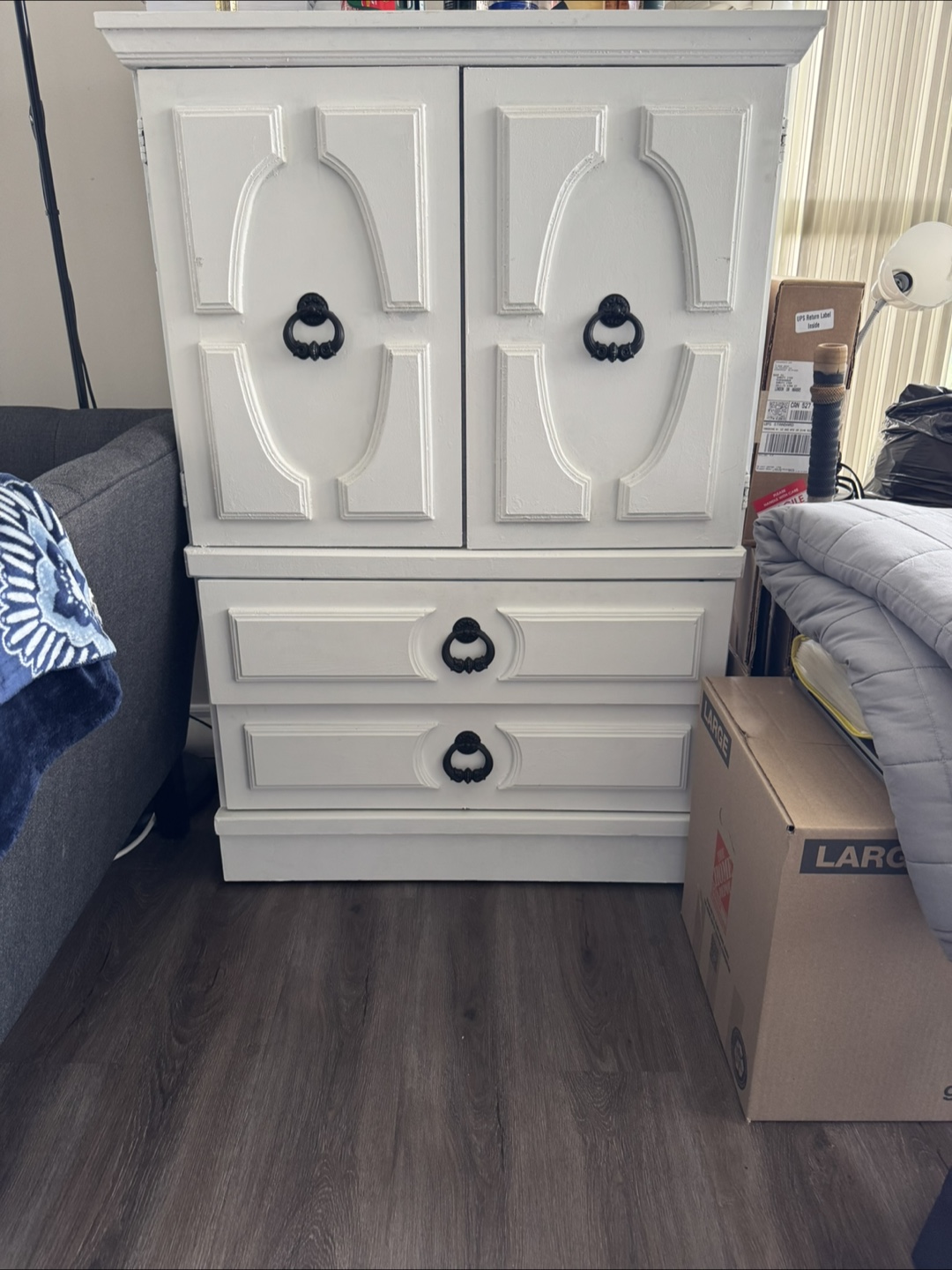 White Wooden Cabinet with Two Doors and Three Drawers