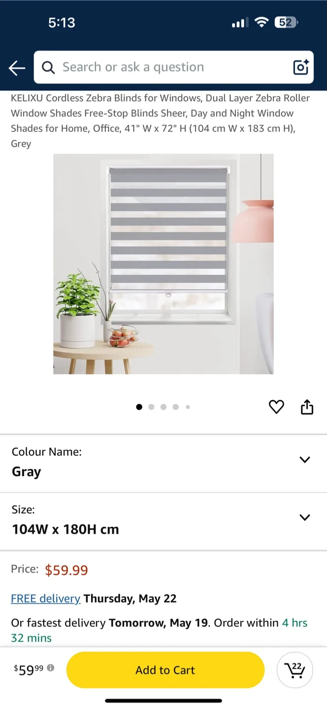 KELIXU Cordless Zebra Blinds -Grey Zebra Roller Blind thumbnail