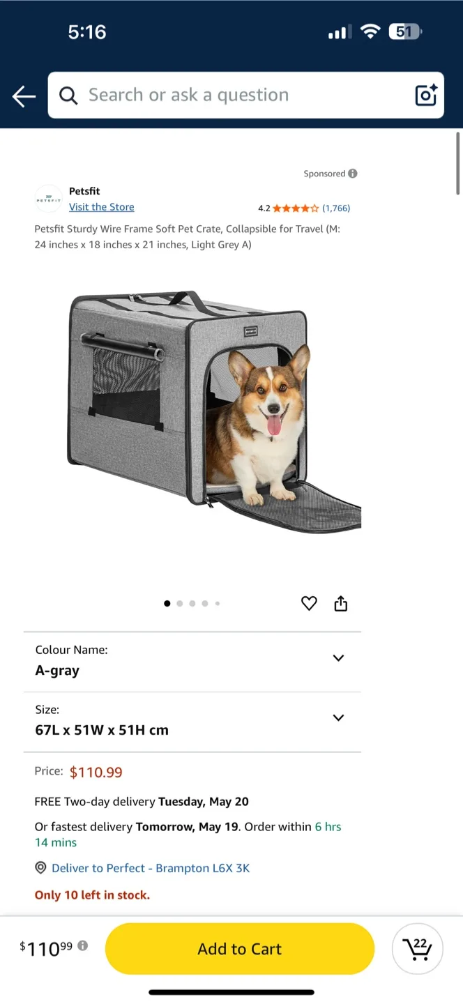 Petsfit Sturdy Wire Frame Soft Pet Crate,(M: 24” x 18” x 21”, thumbnail