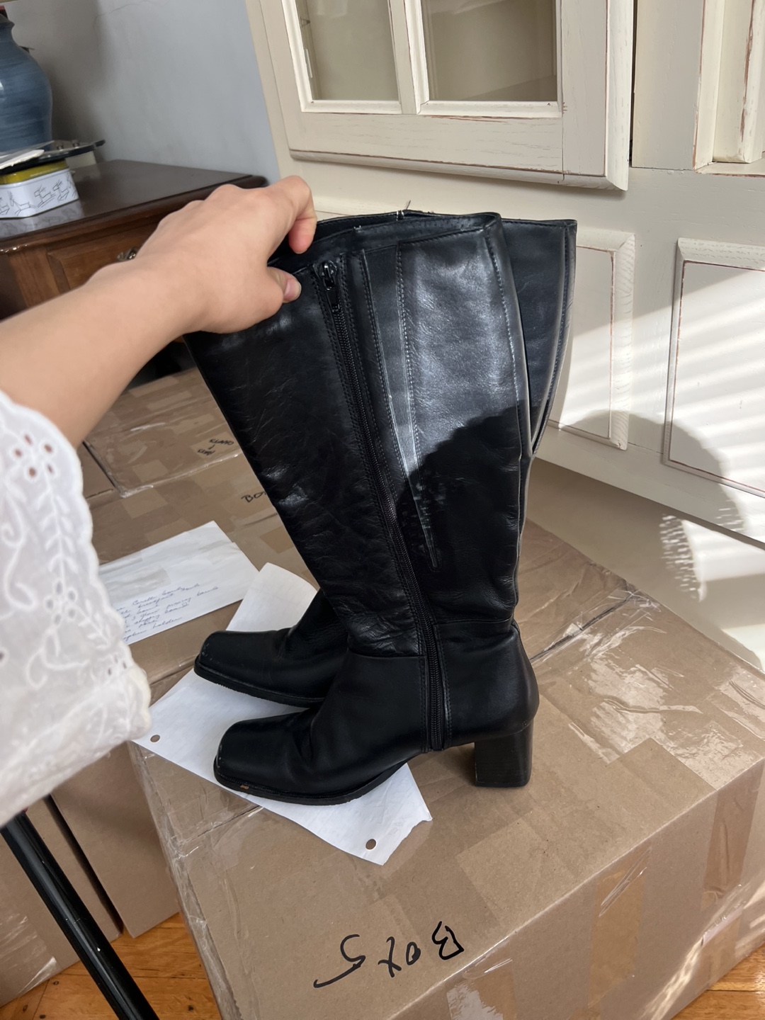 Made in Italy - Black Leather Knee-High Boots with Block Heel - photo 4